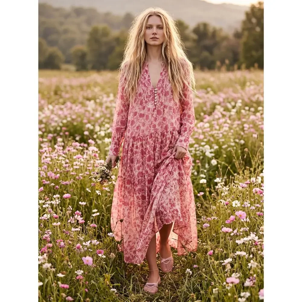 Free People XL Dainty Ethereal See It Through Maxi Dress Pink Rose Floral